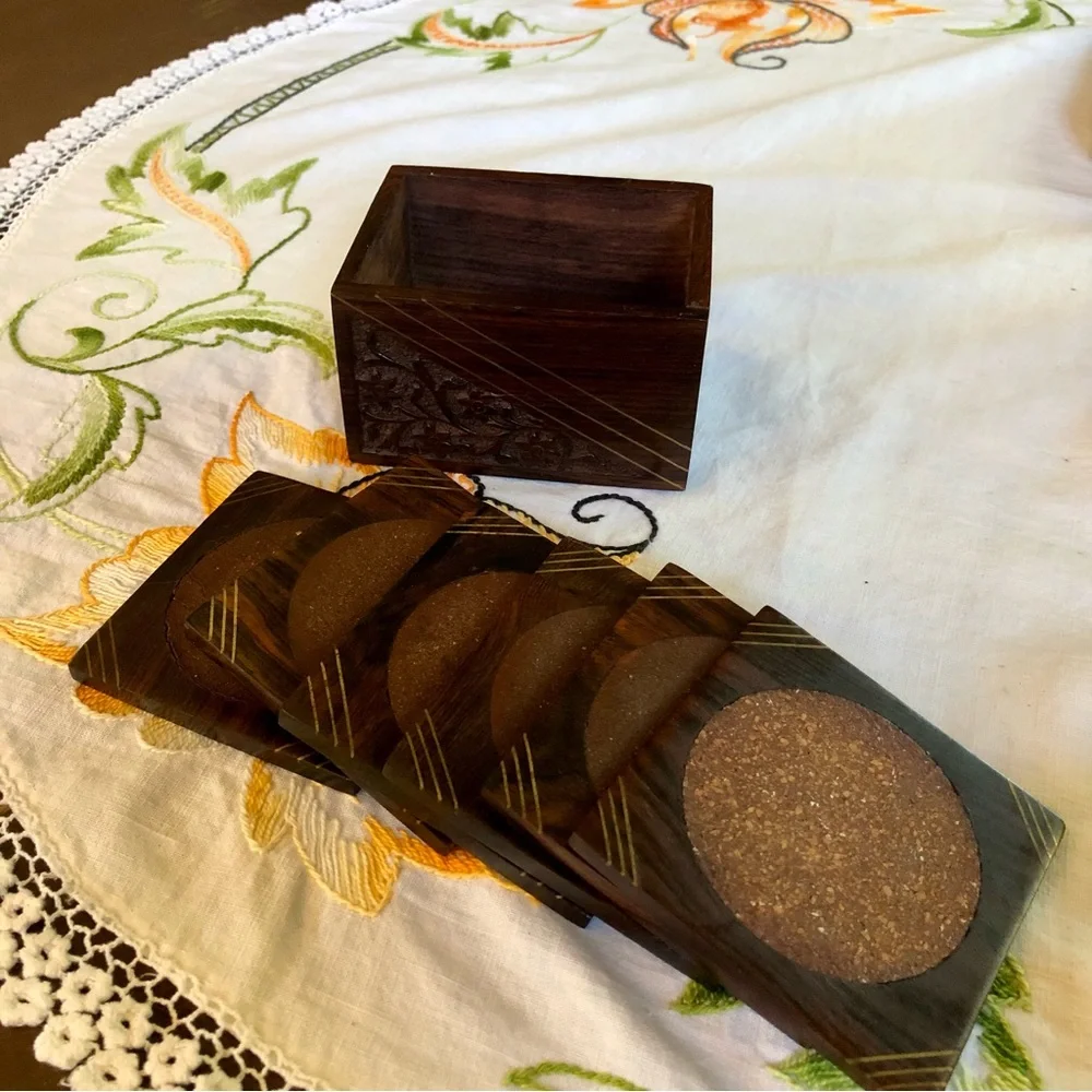 Vintage Rosewood Box with Set of Six Coasters. Brass Inlay and Floral Carving